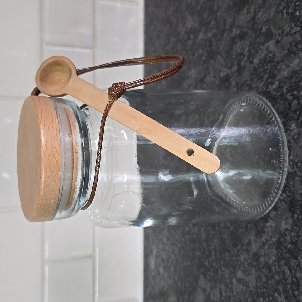 Target Brand Glass Bath Salt Jar with Wood Lid & attached Wooden Spoon